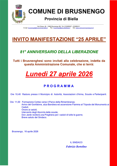 INVITO MANIFESTAZIONE "25 APRILE" 2026 che si terrà Lunedì 27 aprile 2026